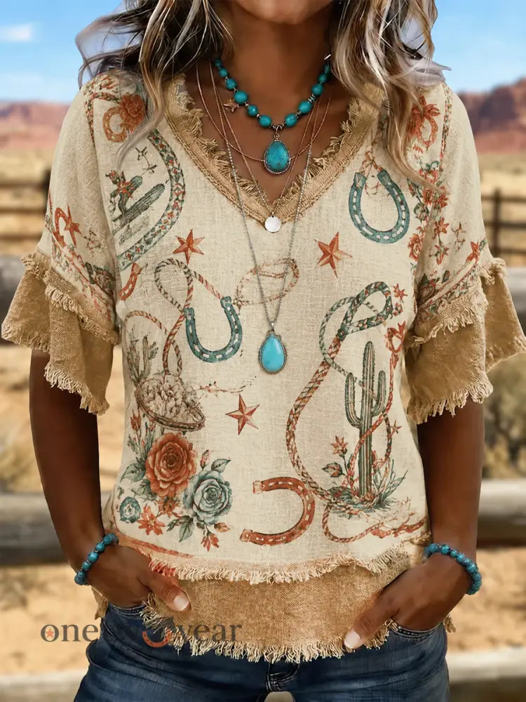 Women’s Western-style print Cotton-Linen Shirt - As picture / S