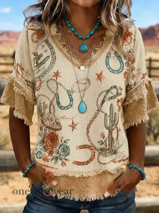 Women’s Western-style print Cotton-Linen Shirt - As picture / S