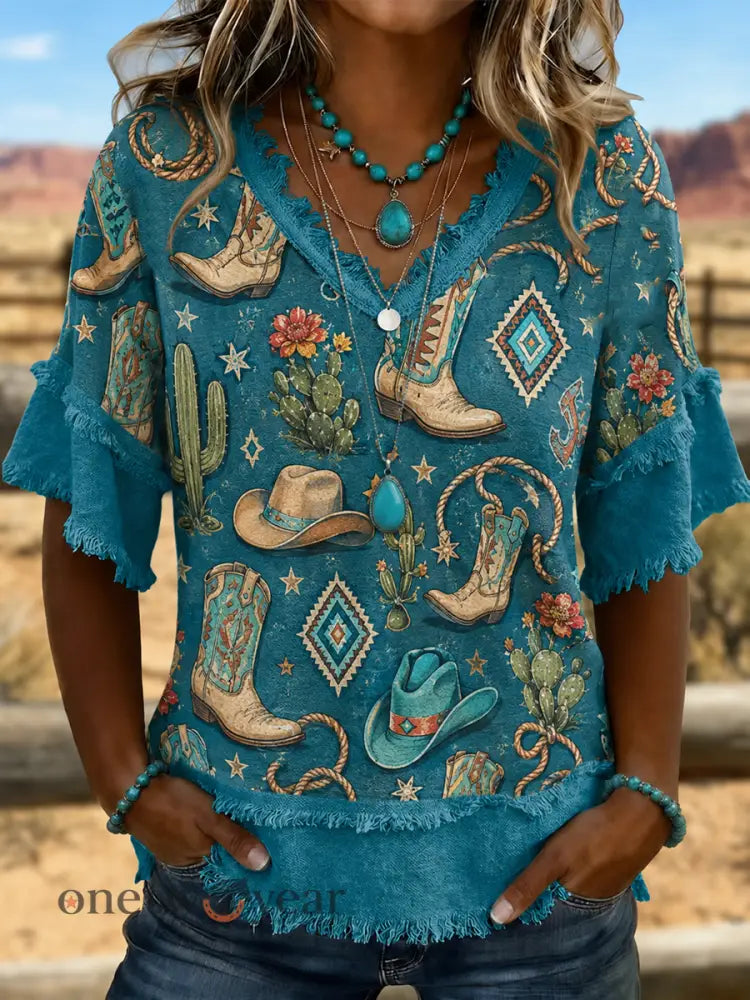 Women’s Western-style print Cotton-Linen Shirt - As picture / S