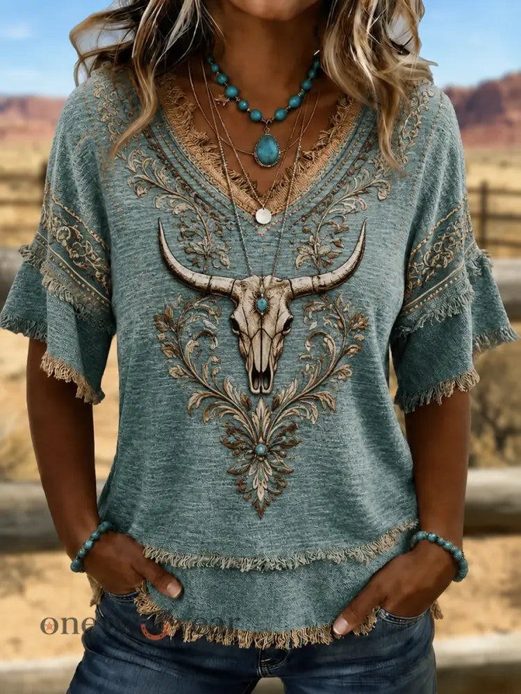 Women’s Western-style print Cotton-Linen Shirt - As picture / S