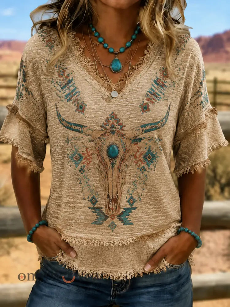 Women’s Western-style print Cotton-Linen Shirt - As picture / S