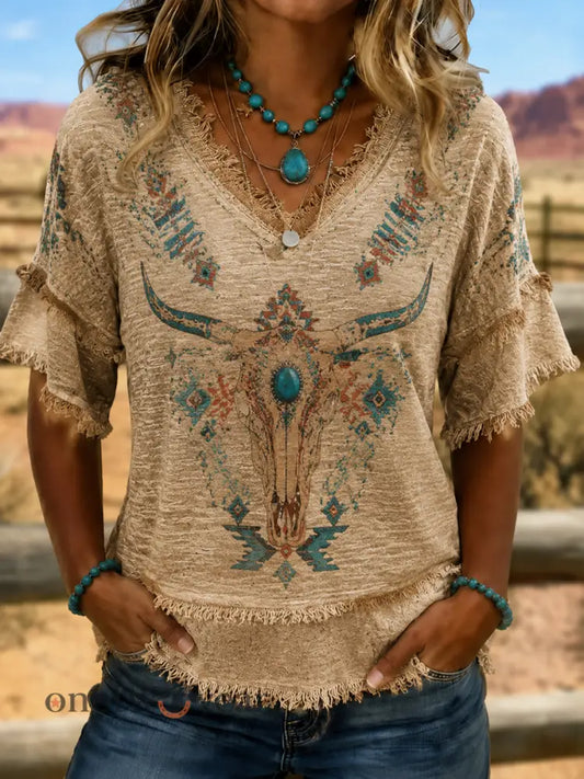 Women’s Western-style print Cotton-Linen Shirt - As picture / S