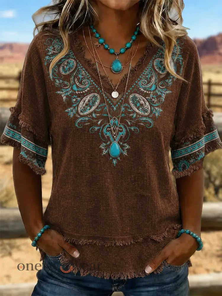 Women’s Western-style print Cotton-Linen Shirt - As picture / S