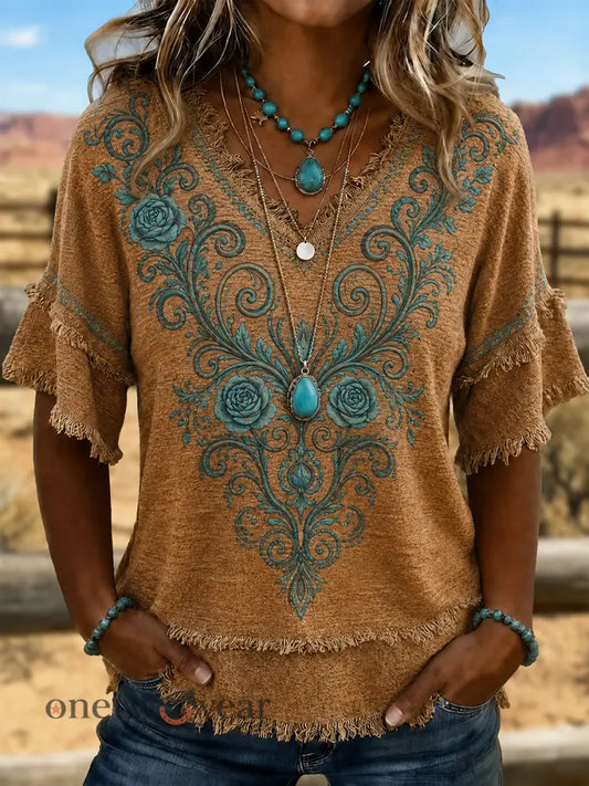 Women’s Western-style print Cotton-Linen Shirt - As picture / S