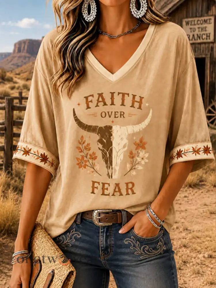 Women’s Western-style print Mid-length Sleeves V-Neck T-Shirt - As picture / S