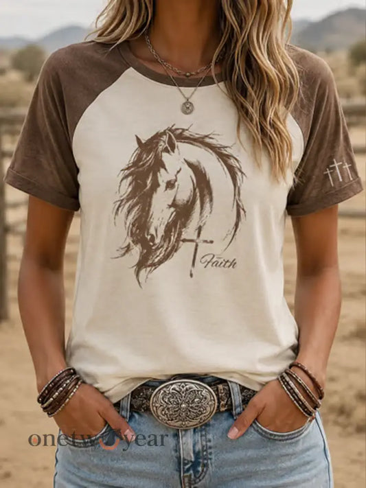 Women’s Western-style print round neck short sleeve T-shirt - As picture / S