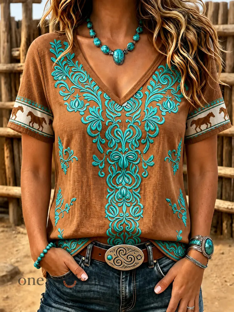Women’s Western-style print short-sleeved T-shirt - As picture / S