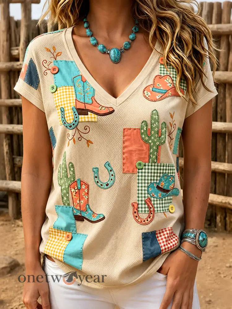 Women’s Western-style print short-sleeved T-shirt - As picture / S