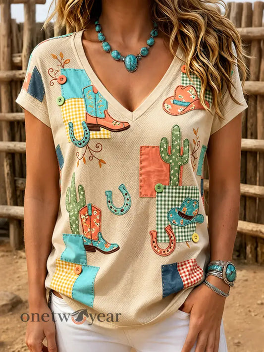 Women’s Western-style print short-sleeved T-shirt - As picture / S
