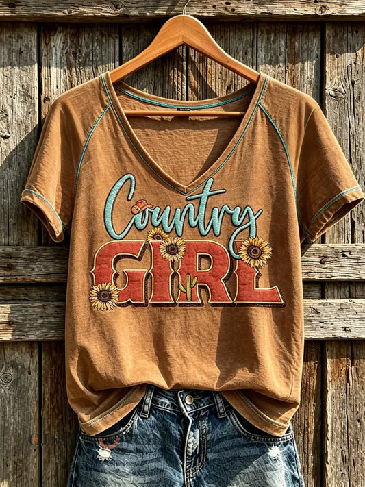Women’s Western Style Retro Pattern Printed Casual V Neck Short Sleeve T-Shirt - Brown / S