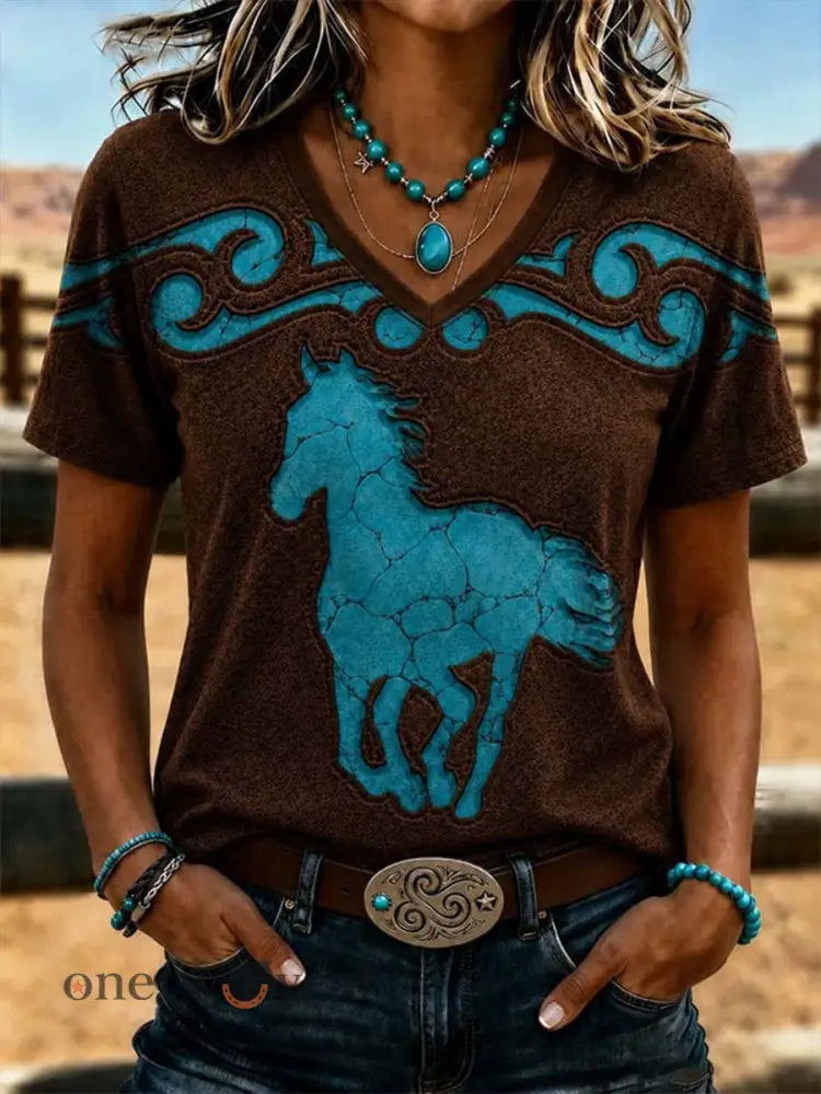 Women’s Western Turquoise Horse Short-sleeved T-shirt - Dark Brown / S