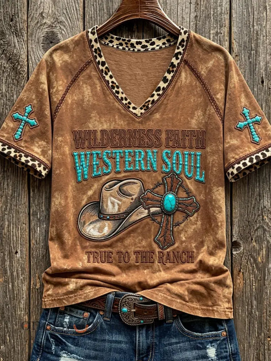 Women’s Wilderness Faith Western Soul True To The Ranch Print V-neck Short-sleeved T-shirt - Brown / S