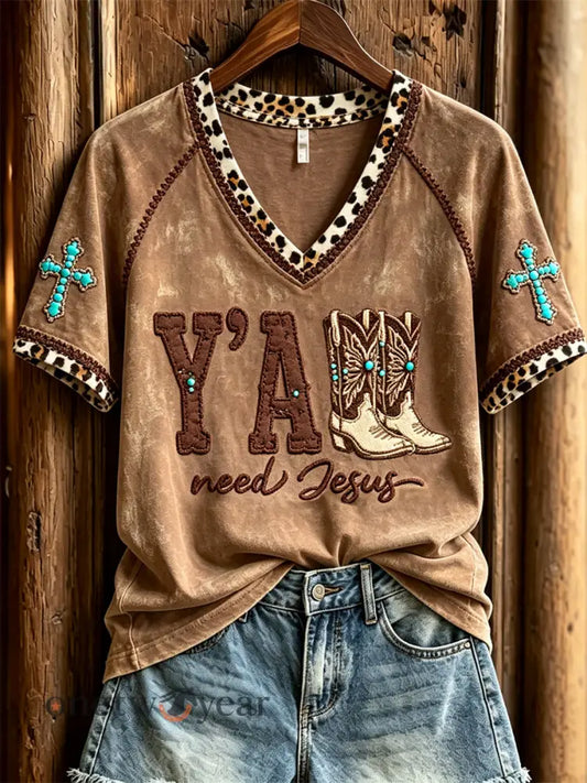 Women’s Y’all Need Jesus Western Boots Turquoise Cross Leopard Print short-sleeved T-shirt - Brown / S